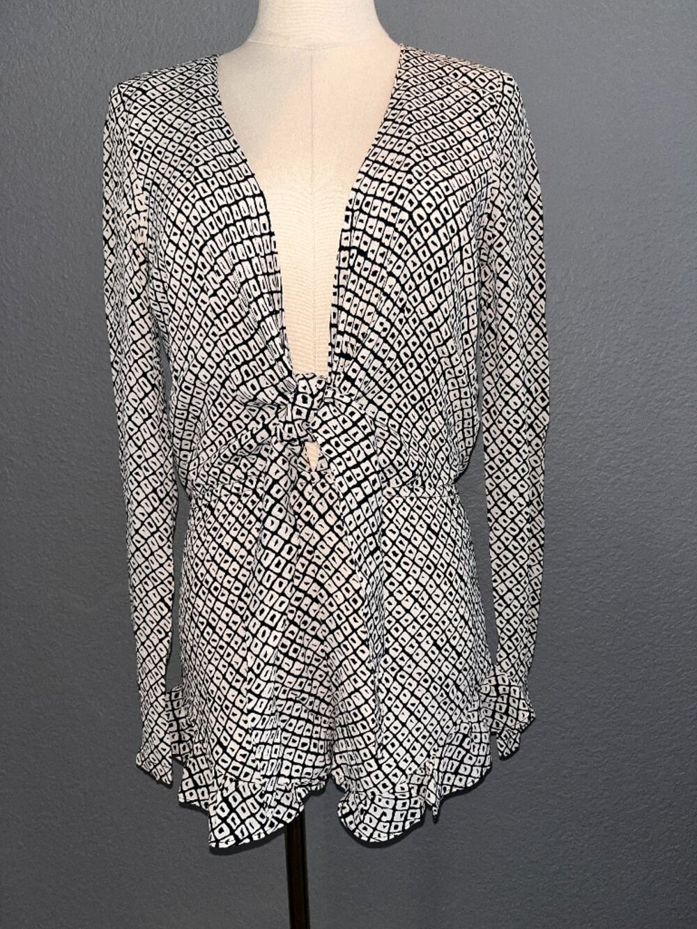STONE COLD FOX Ziggy Romper Black White Geometric Long Sleeve Plunging Tie Front